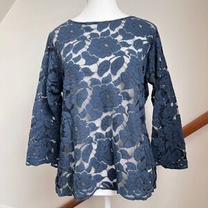 Vintage Cut Loose Women's Large Blue Floral Lace Top Blouse Sheer Romantic Fairy